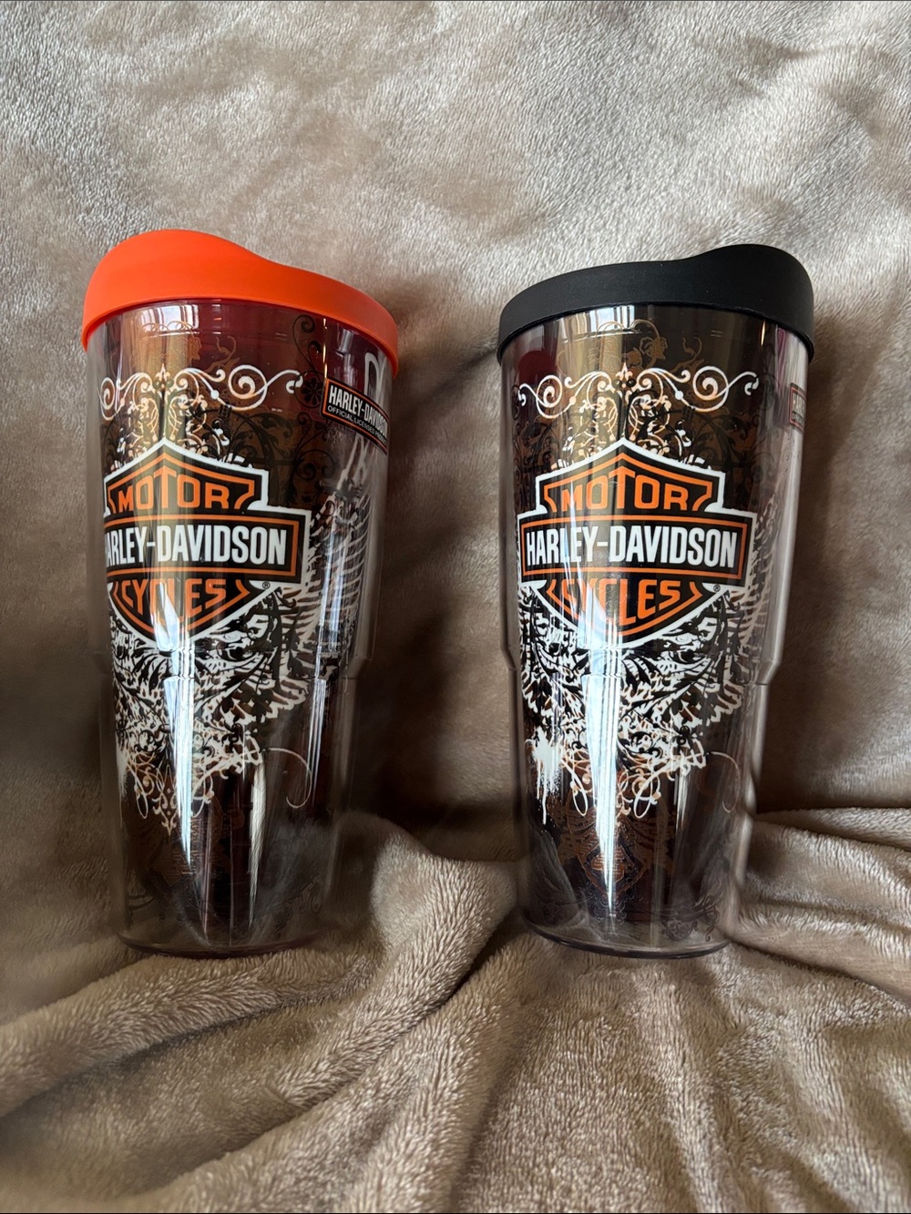 Harley-Davidson Clear Travel Tumblers with Orange and Black Lids